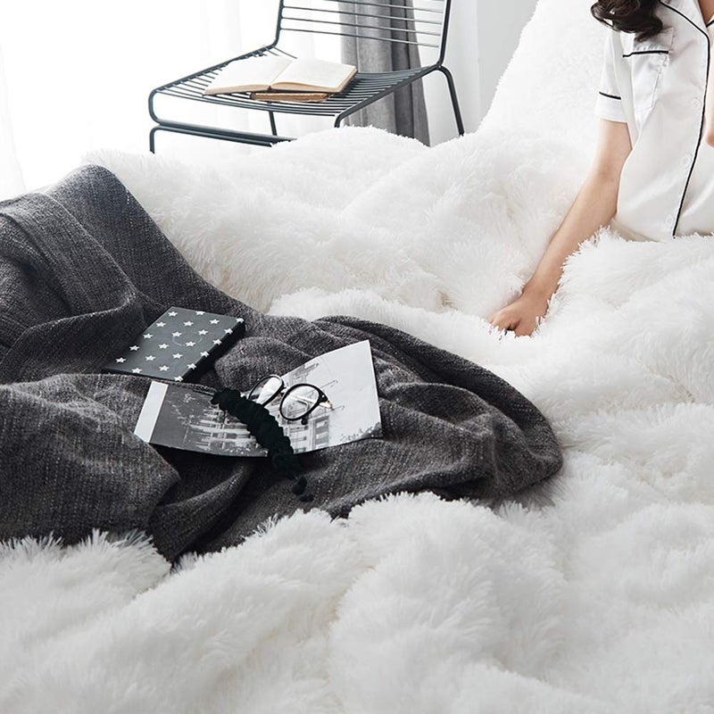 MorroMorn 5 PCS Shaggy Duvet Cover Bedding Set - Long Faux Fur Luxury Ultra Soft Cozy (White, King/California King) - Image 5